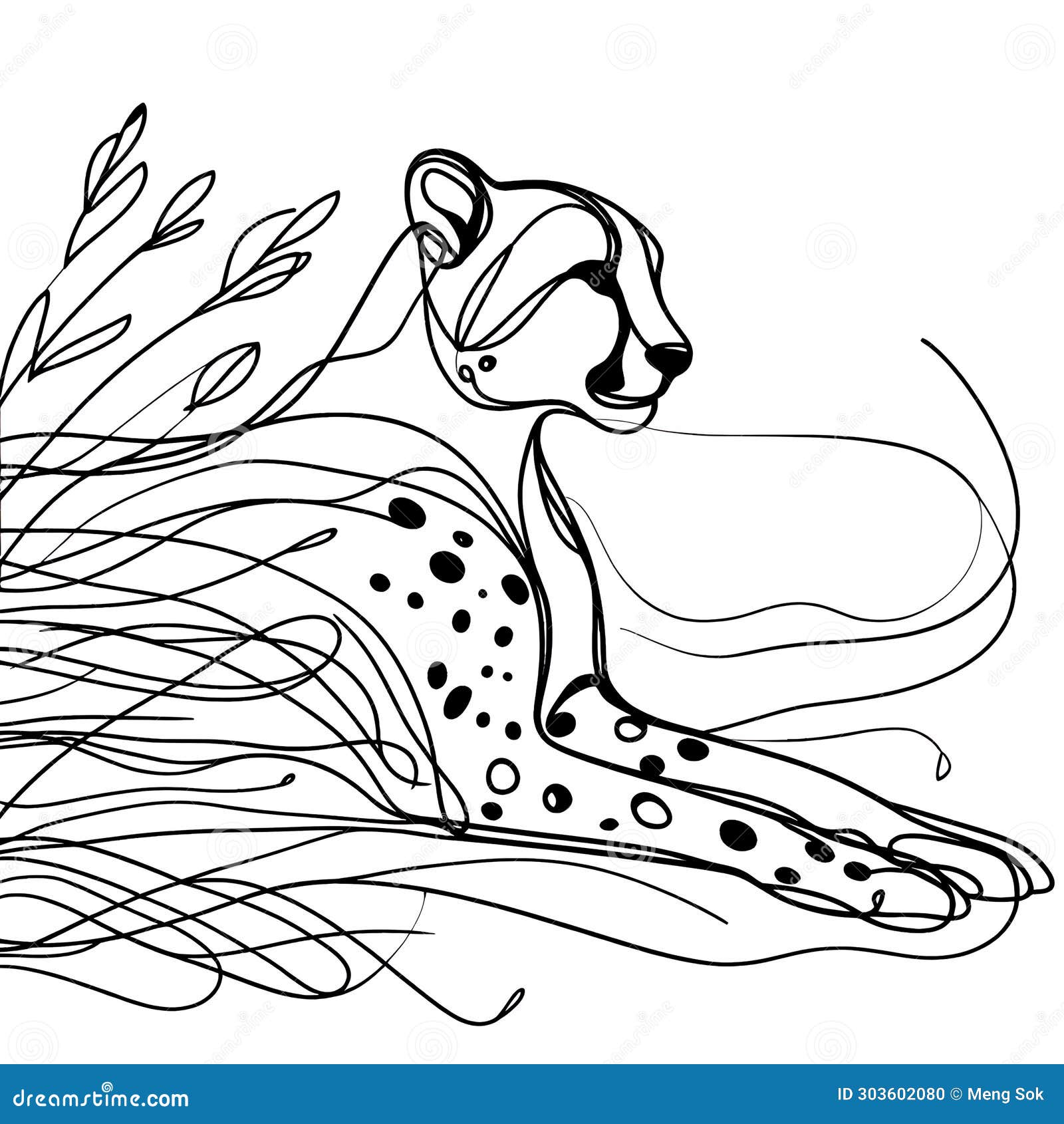 an artistic drawing of a cheetah resting on a grassy field on white background.