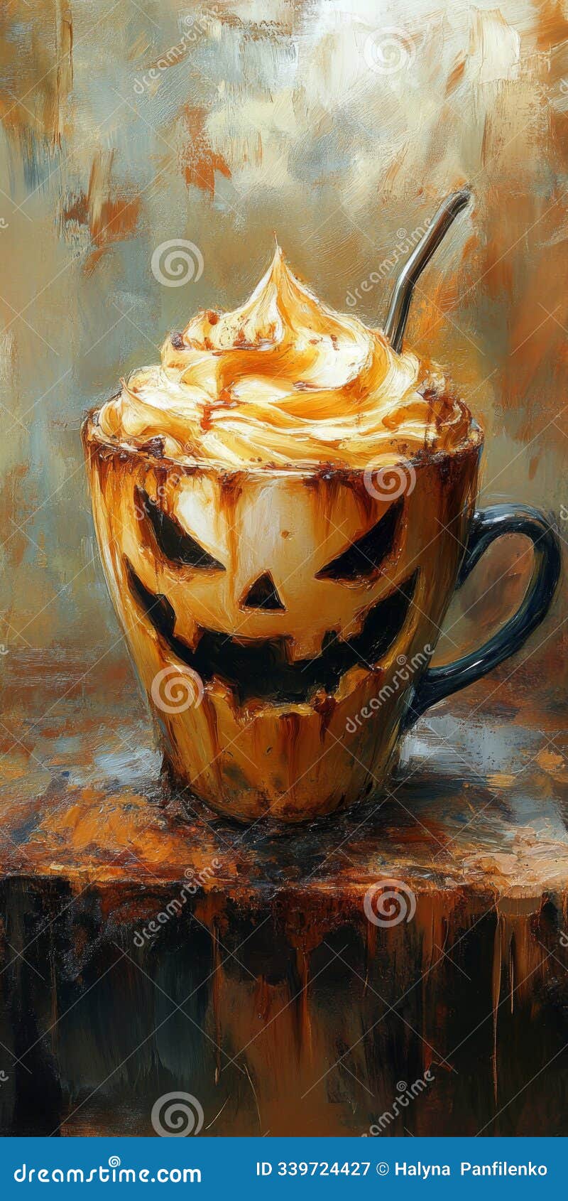 artistic halloween coffee mug ed like a jack-o-lantern, filled with whipped cream, set against an abstract
