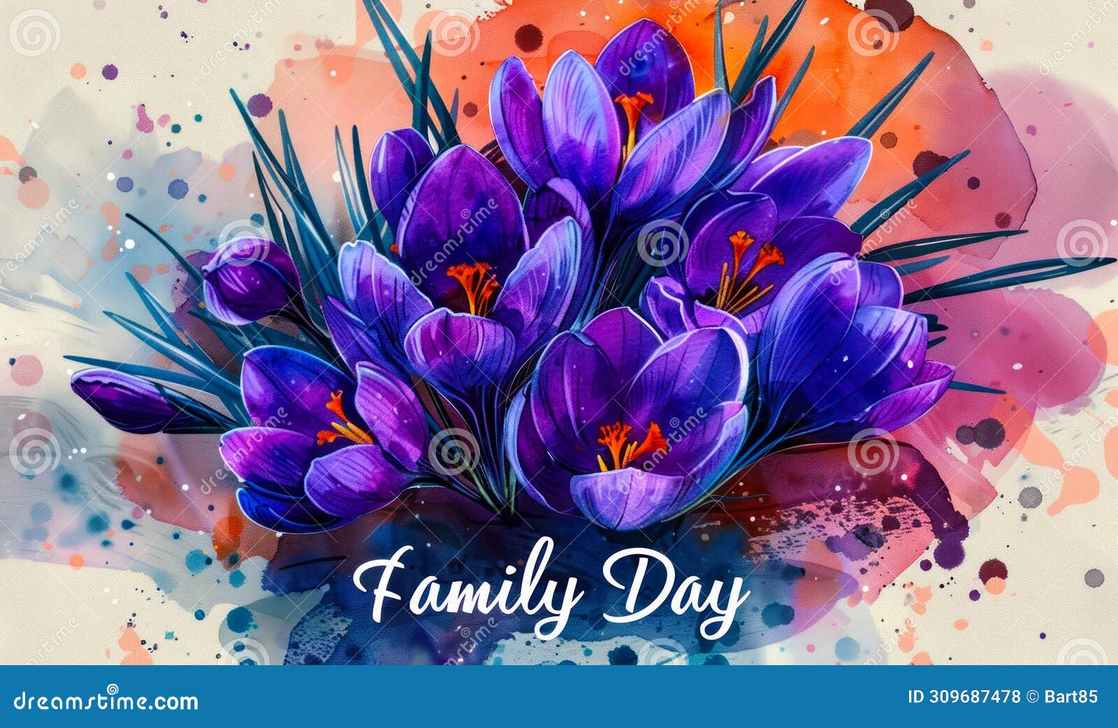 artistic  of vibrant purple crocuses with family day lettering, celebrating familial bonds through the beauty of