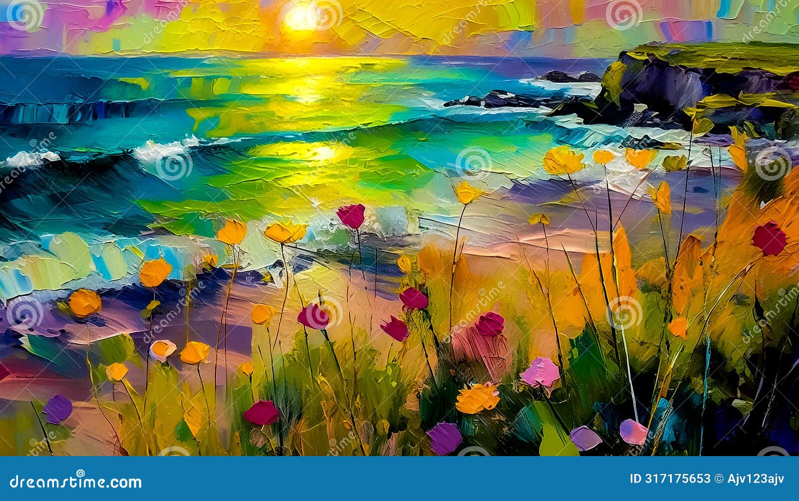 an impressionist oil painting style image of a seaside landscape