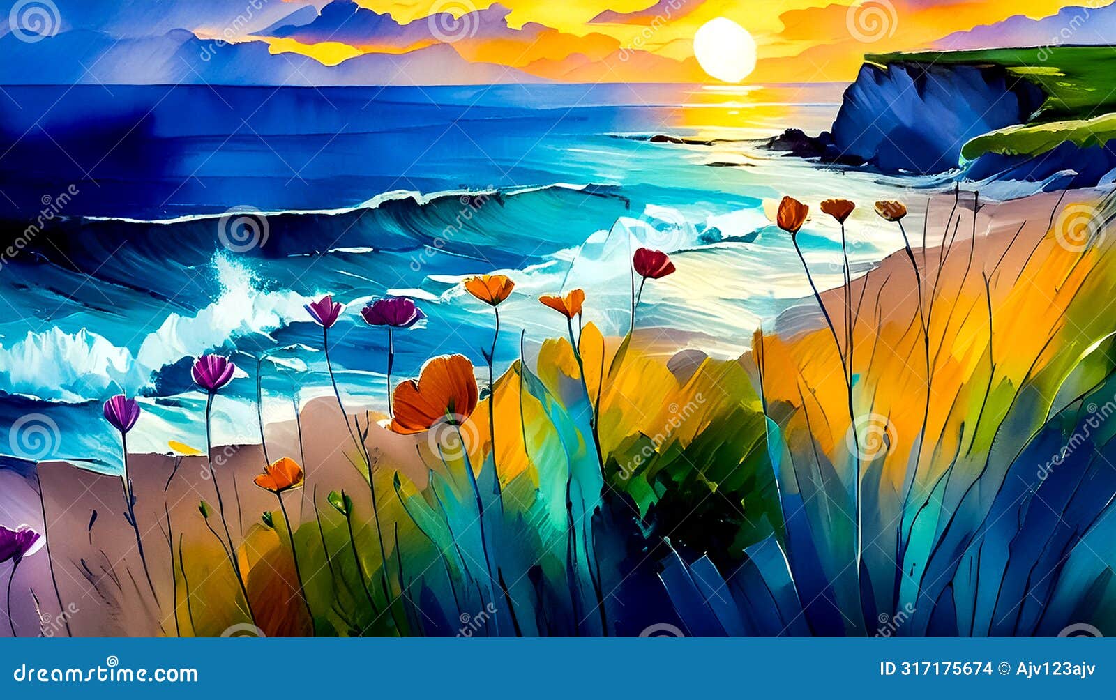 an impressionist oil painting style image of a seaside landscape