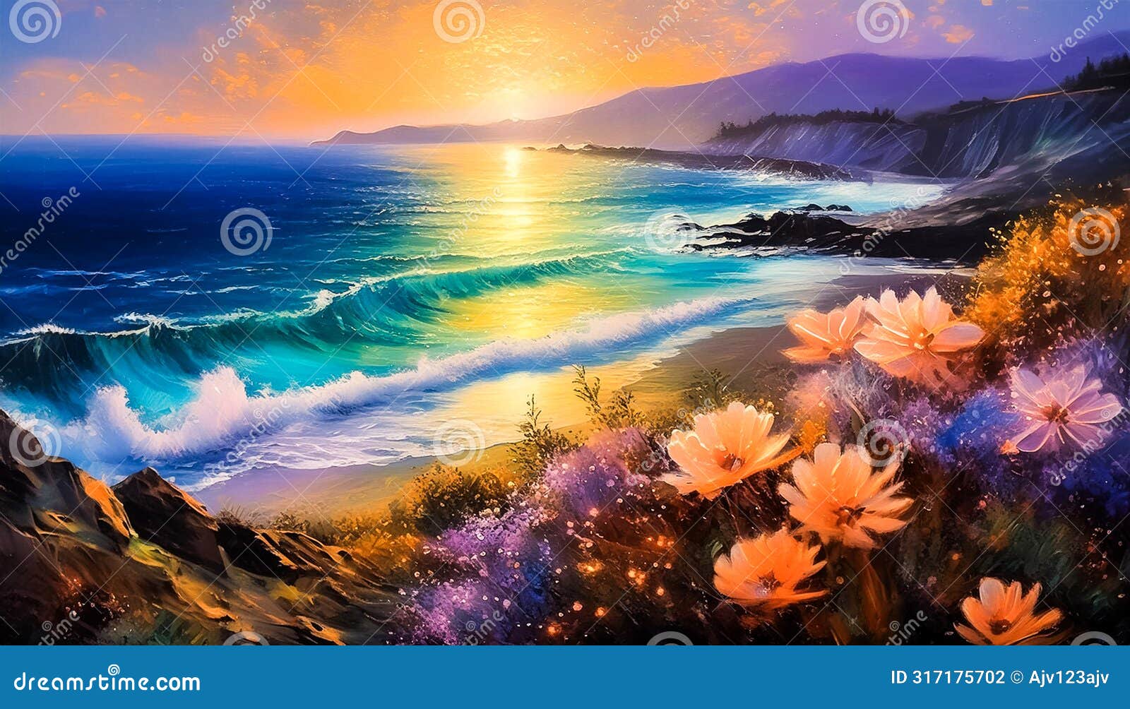 an impressionist oil painting style image of a seaside landscape