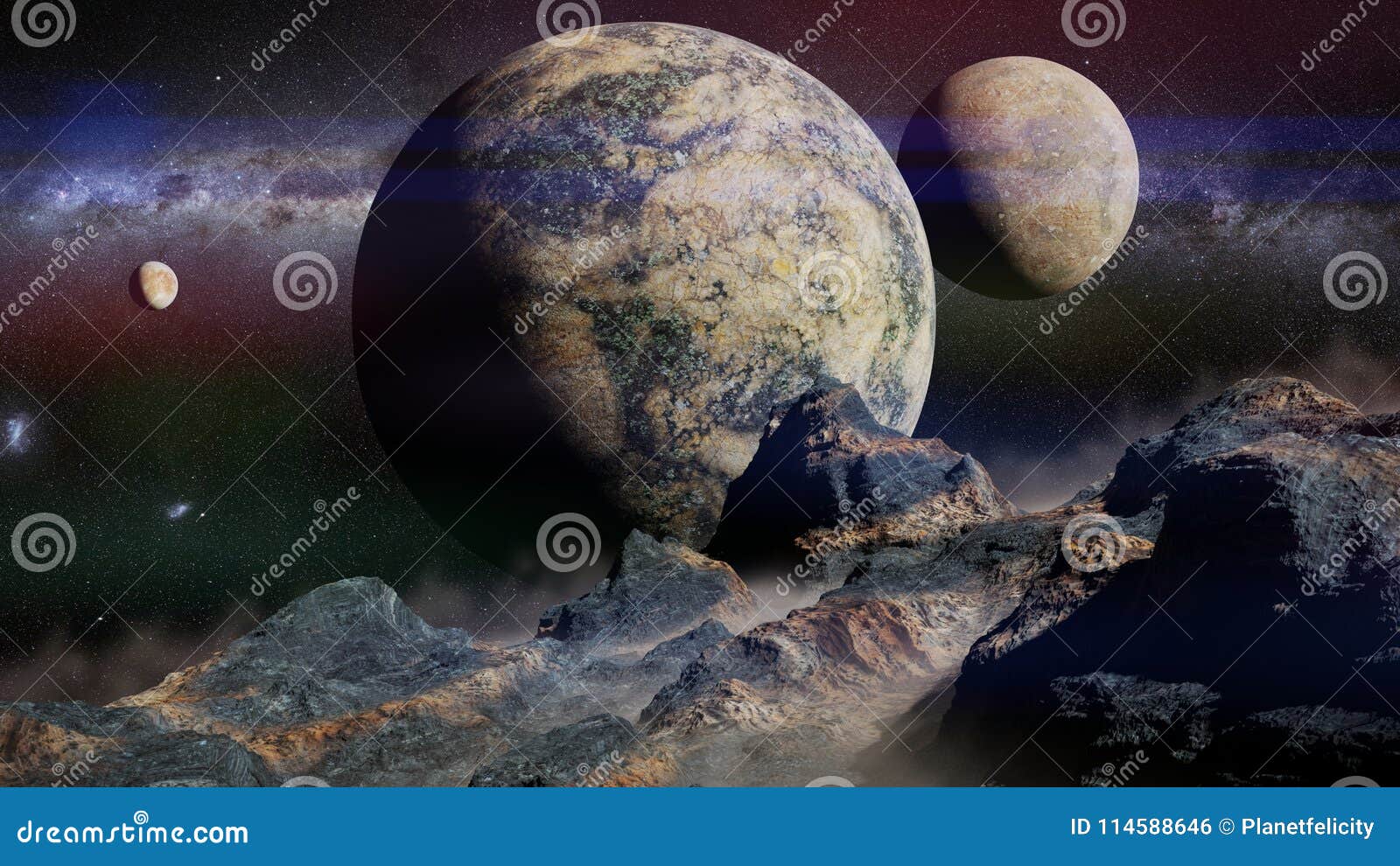 alien landscape with planet, moons and the milky way galaxy