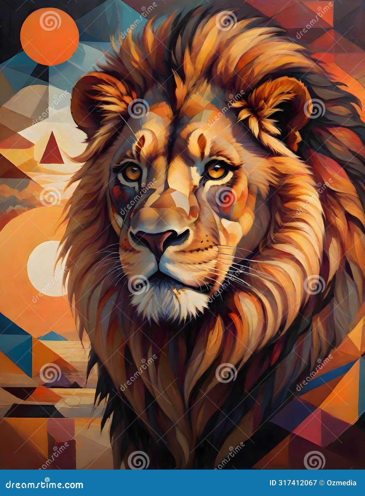 artistic lion head against an abstract background of vibrant colors and s, generative ai