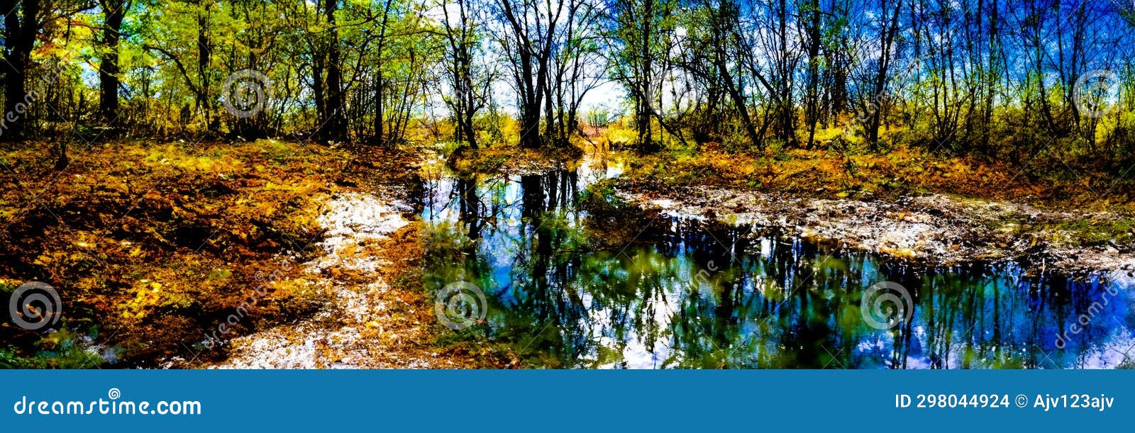 an artistic panoramic image of a forest and water landscape