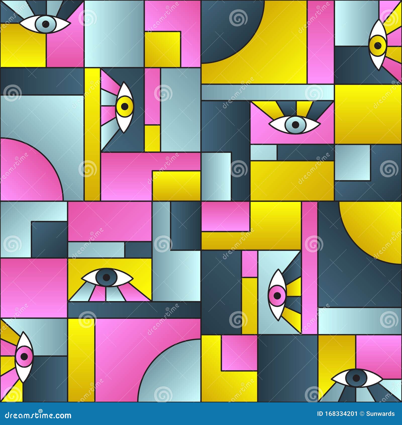 Artistic Pattern with Eyes in Geometric Shapes Grid Mondrian Avant