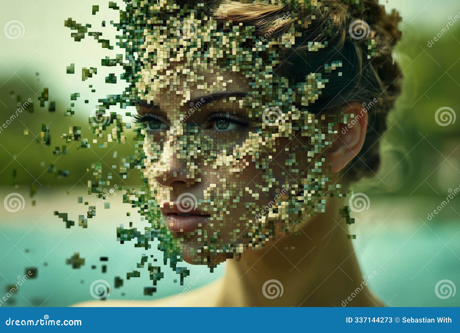 artistic portrait of a young caucasian woman with a fragmented digital effect.