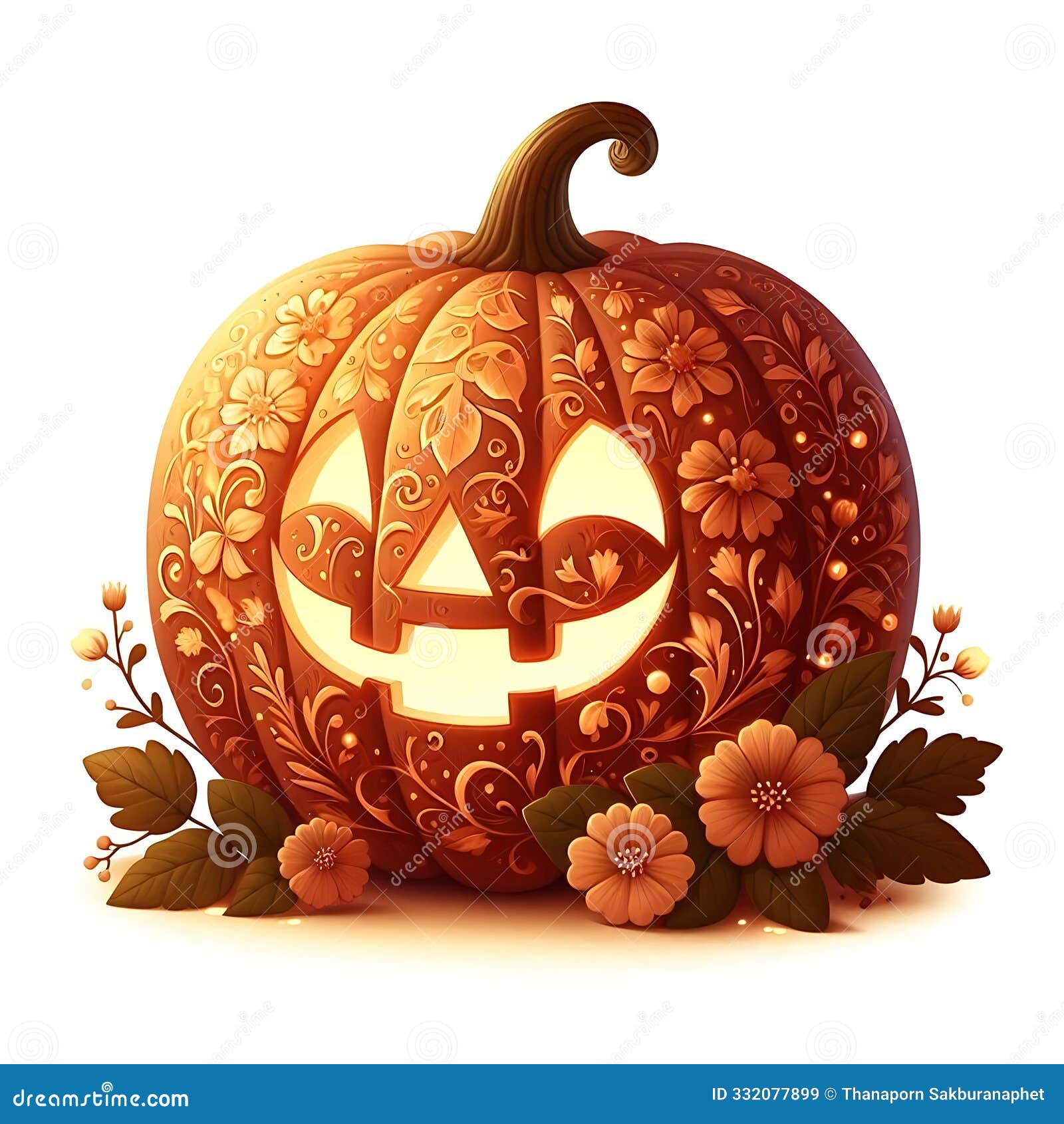 pumpkin with intricate floral carvings and soft inner glow for festive decor.by generative ai