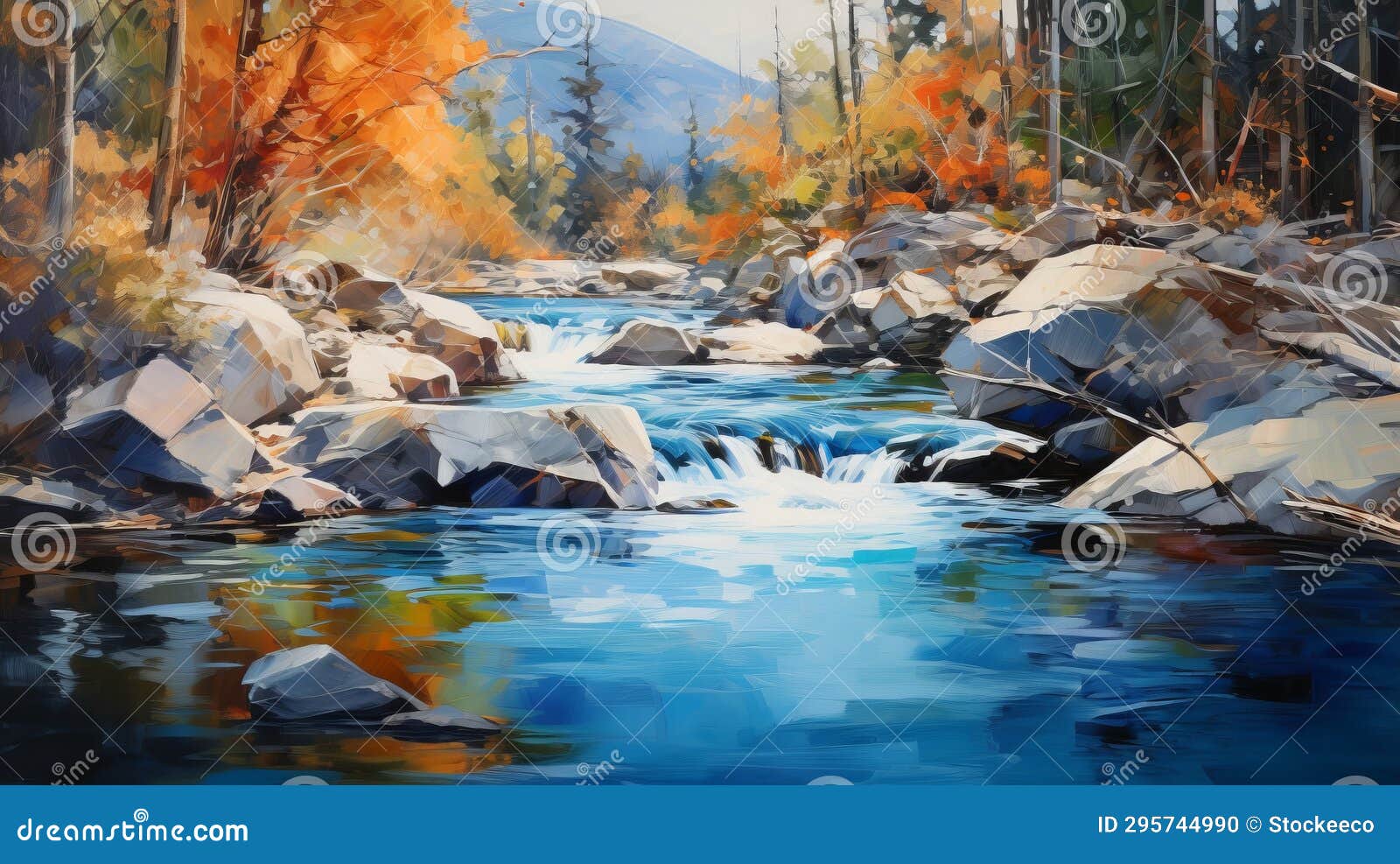 autumn river painting in steve henderson style: high-contrast realism with bronze and blue