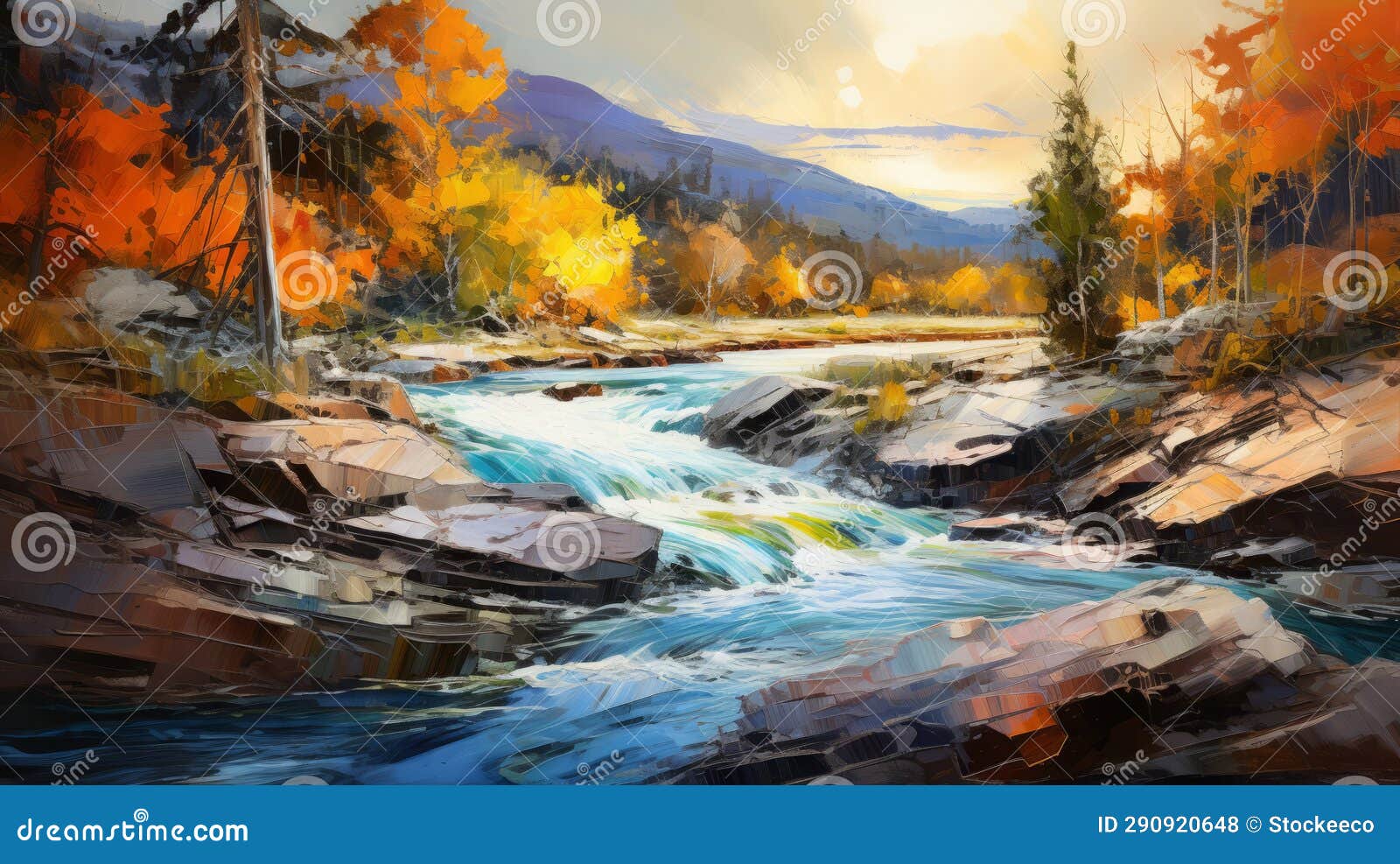 epic landscape painting: flowing river in autumn