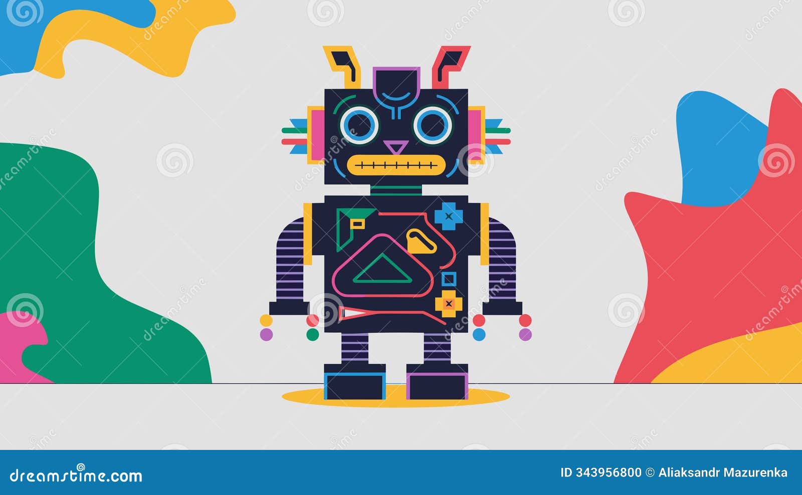 an artistic robot animal with abstract s and neon colors, presented in a modern art setting.