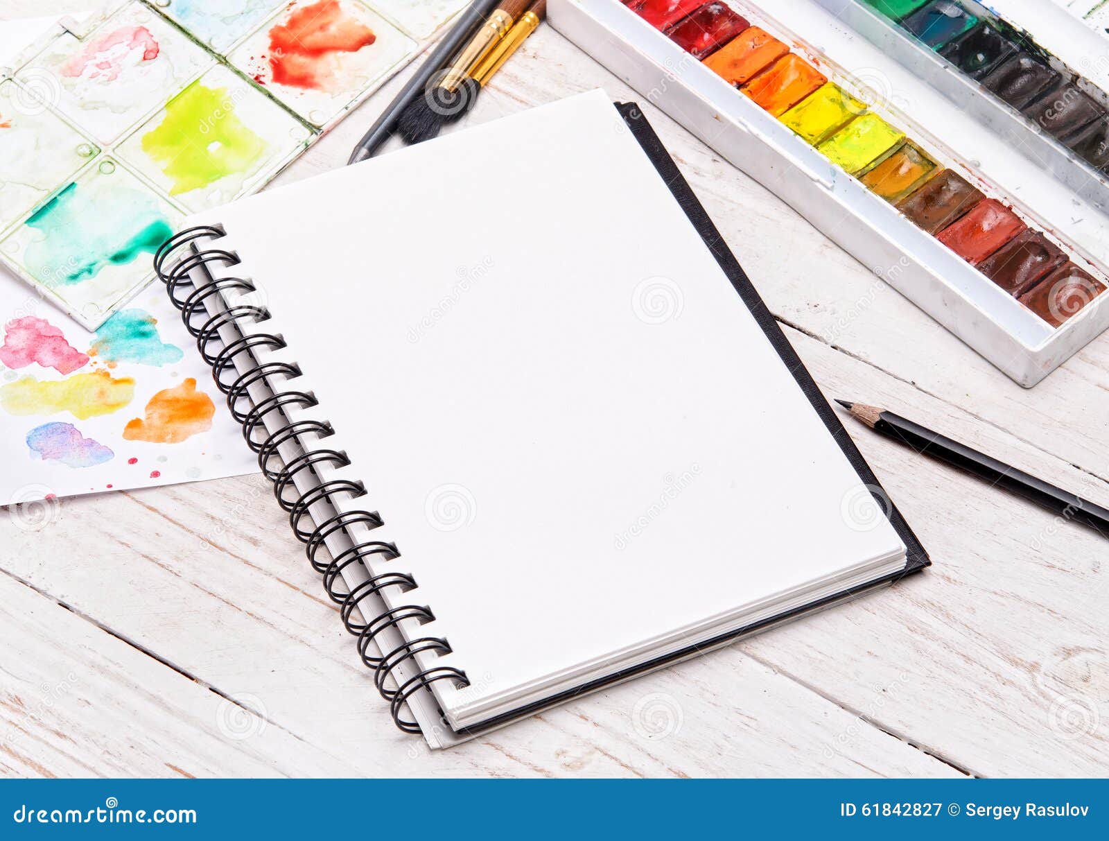 Artistic Tools Brushes, Watercolor Paint, Notebook Stock Image