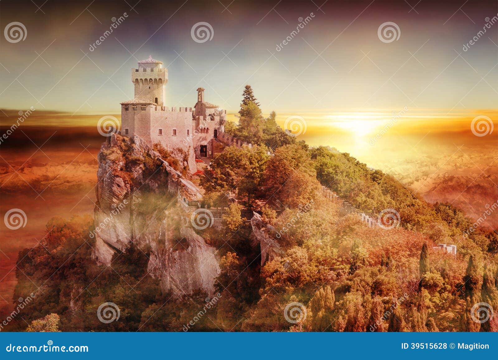 artistic view of san marino tower: the cesta or fratta at sunset