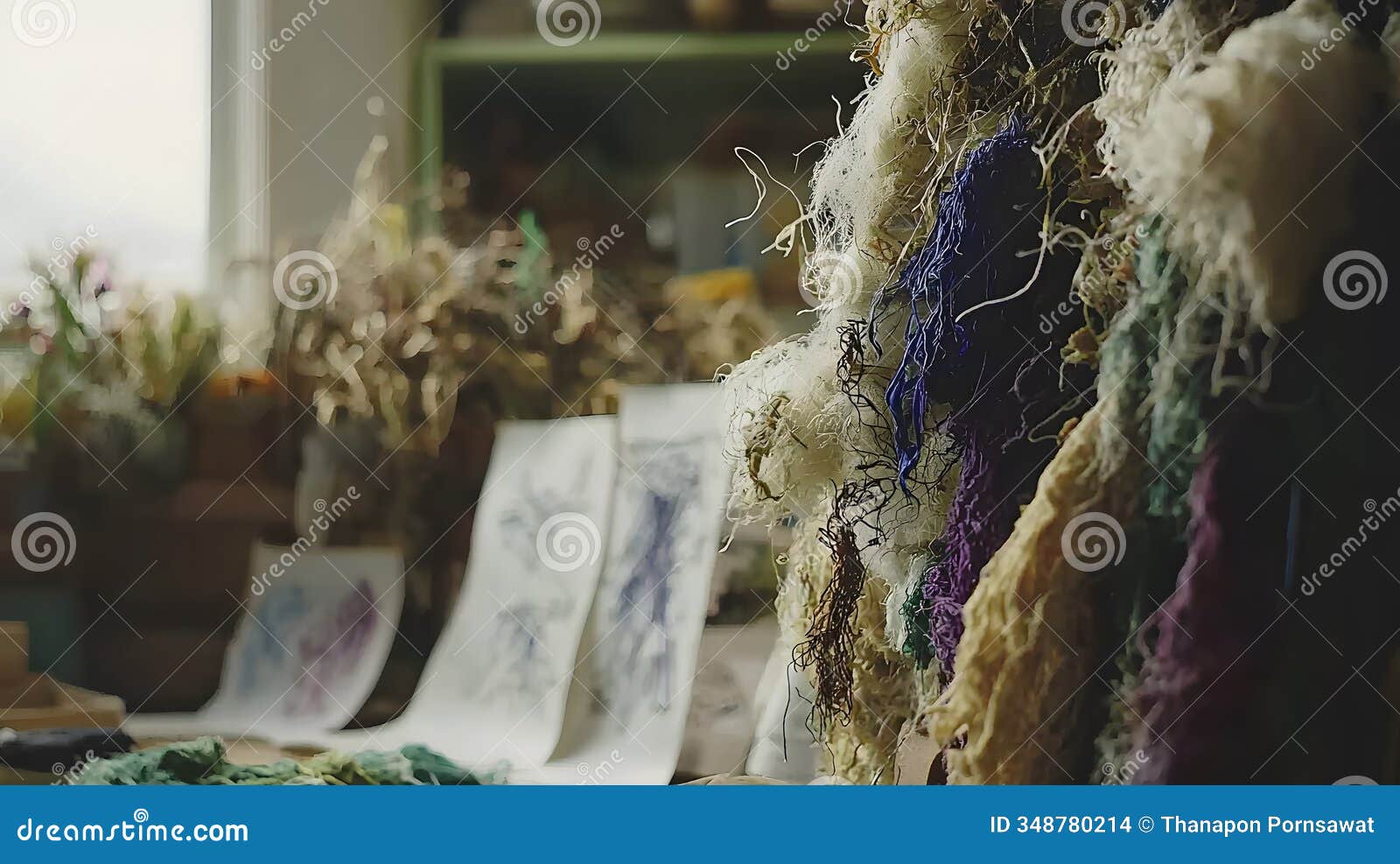 artistic yarn scraps studio still life textured threads craft supplies ai generated.