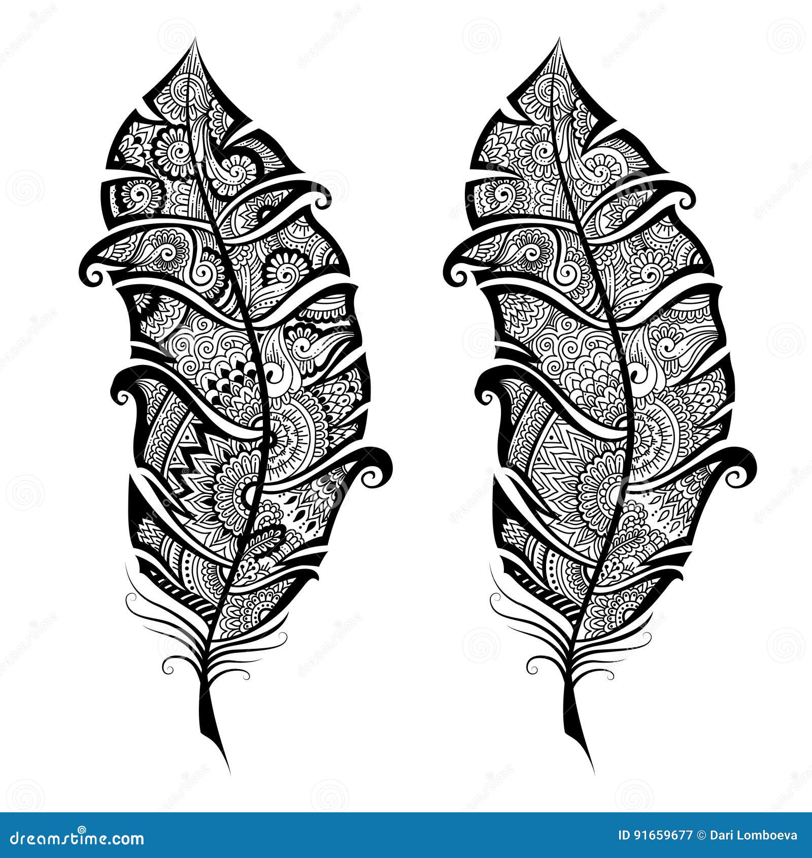 Artistically Hand Drawn, Stylized in Zen Tangle, Vector Feather on a ...