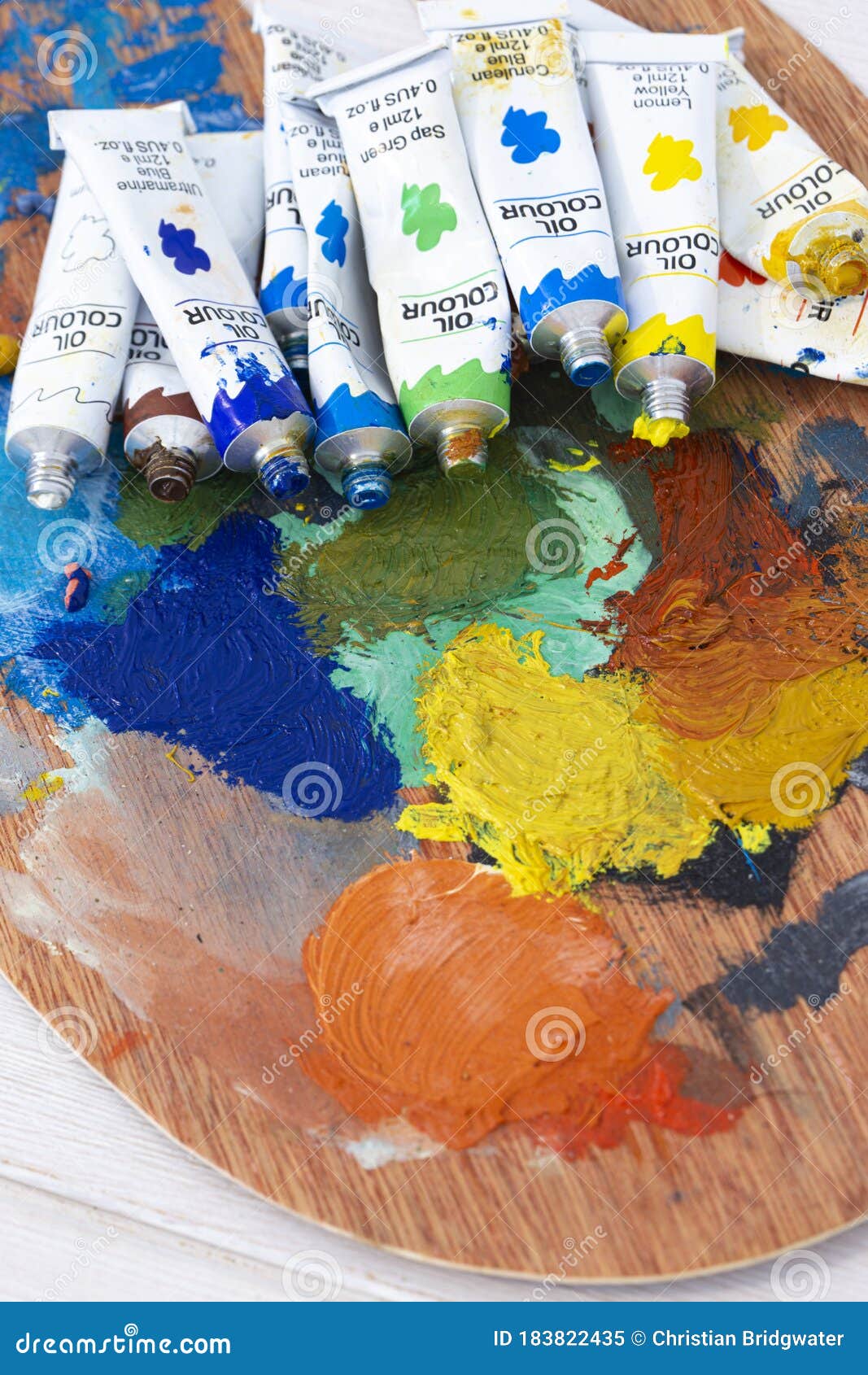 Artists Oil Paint Tubes Open and Used on a Wooden Palette, with Mixed  Colours. Art and Craft Supplies Editorial Image - Image of object, closeup:  183822435