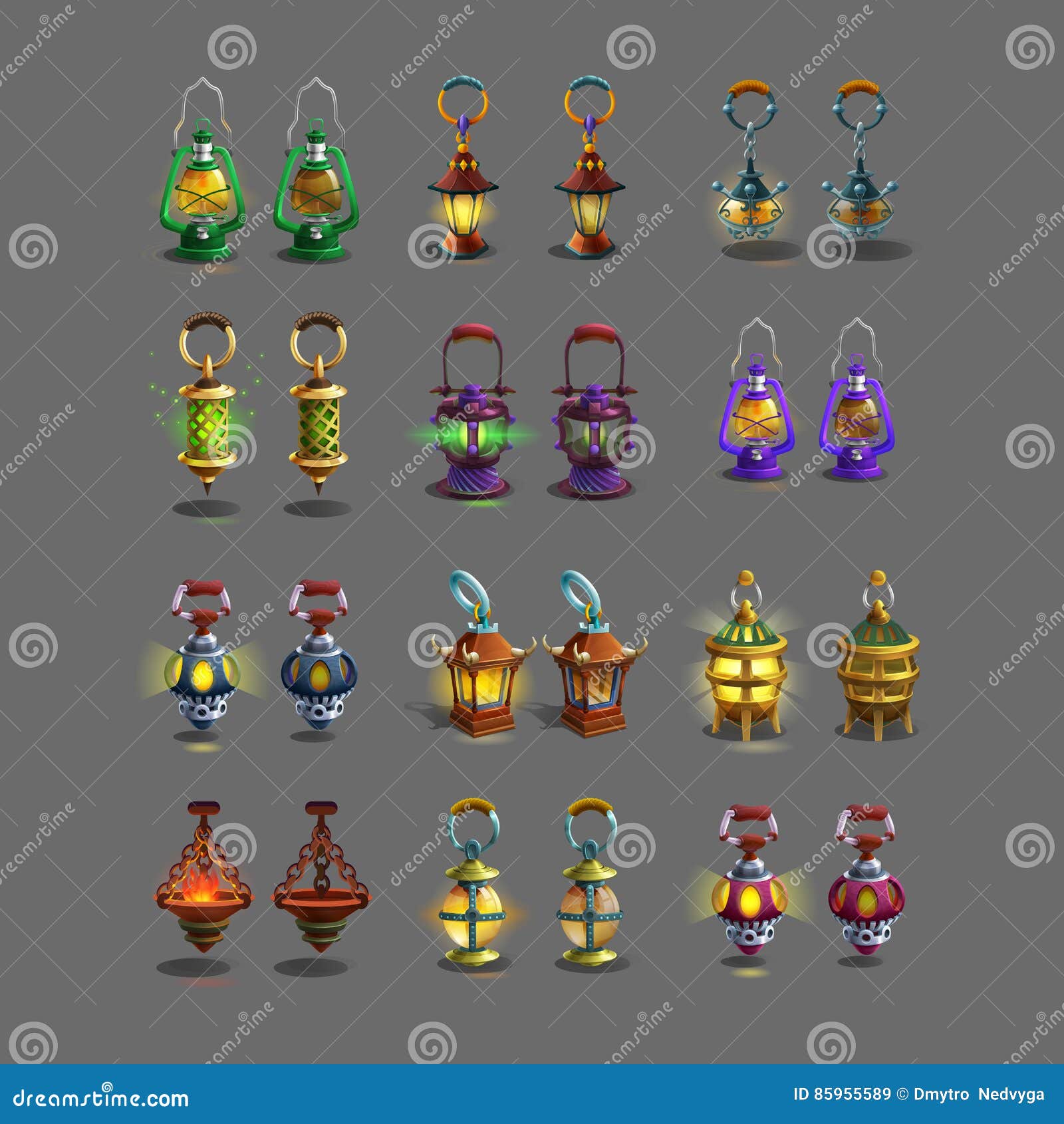 ?artoon set colorful ancient lamps for fantasy games.