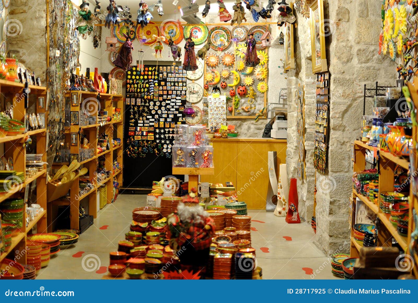 Arts and crafts in Spain. A view of local arts, crafts and souvenirs available for purchase by tourists in Girona, Spain