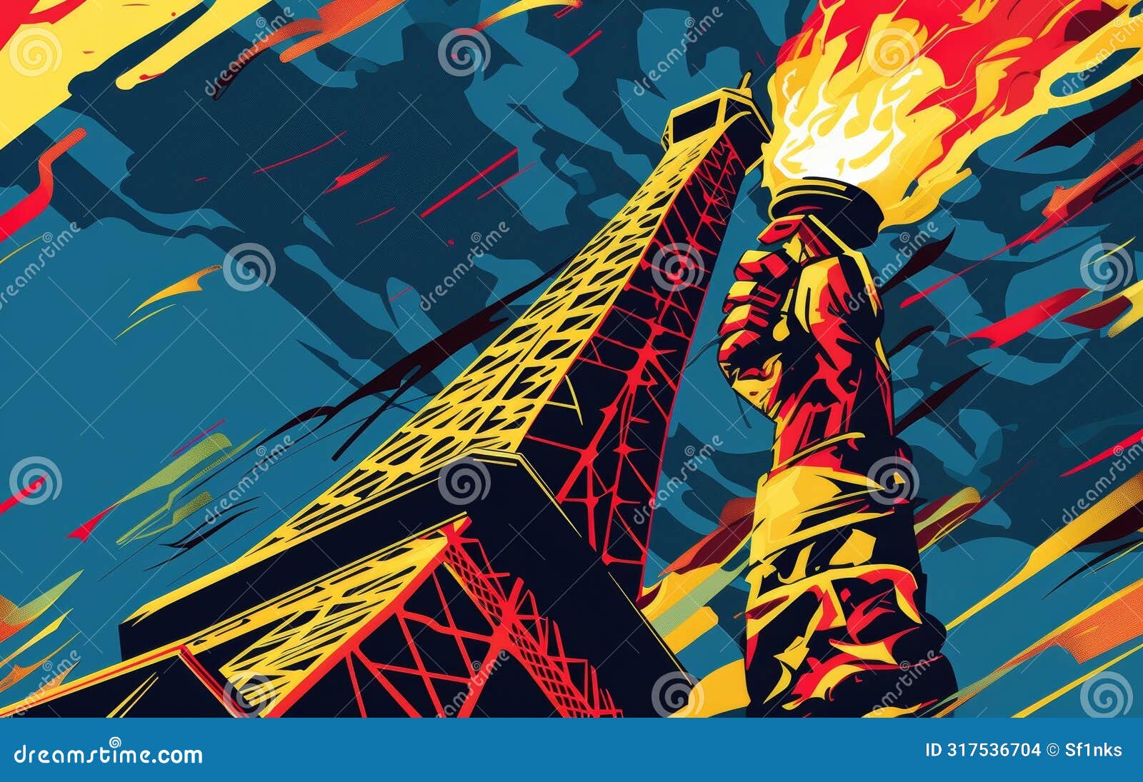 artwork of the eiffel tower gripped by a fiery fist, with dynamic streaks and a vivid, contrasting color scheme.