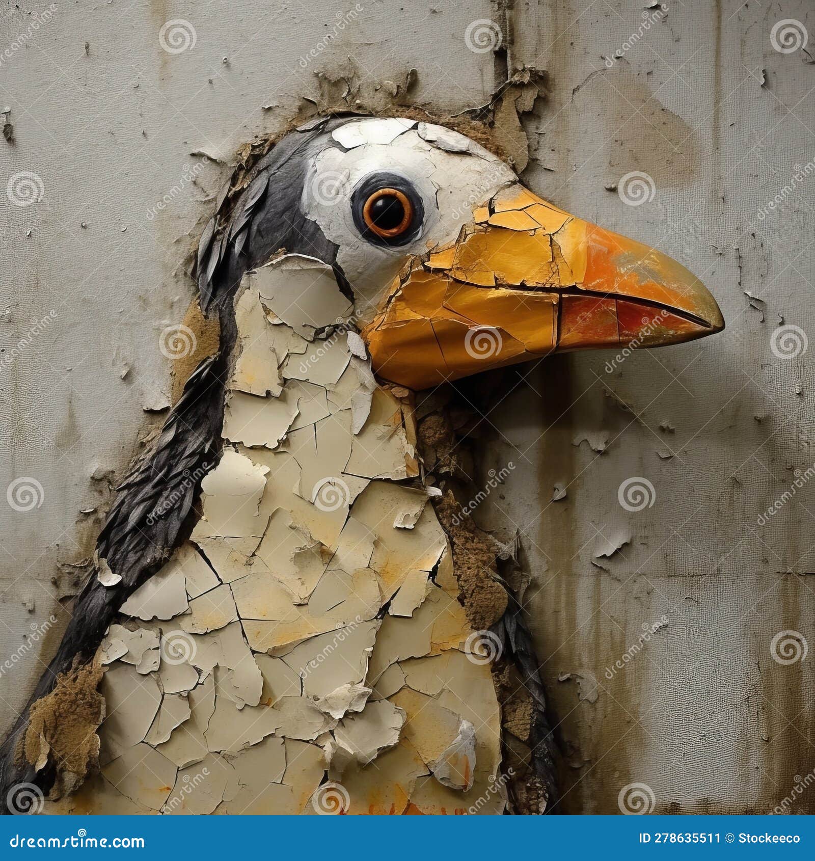 hyper-realistic penguin sculpture with painted face on distressed wall