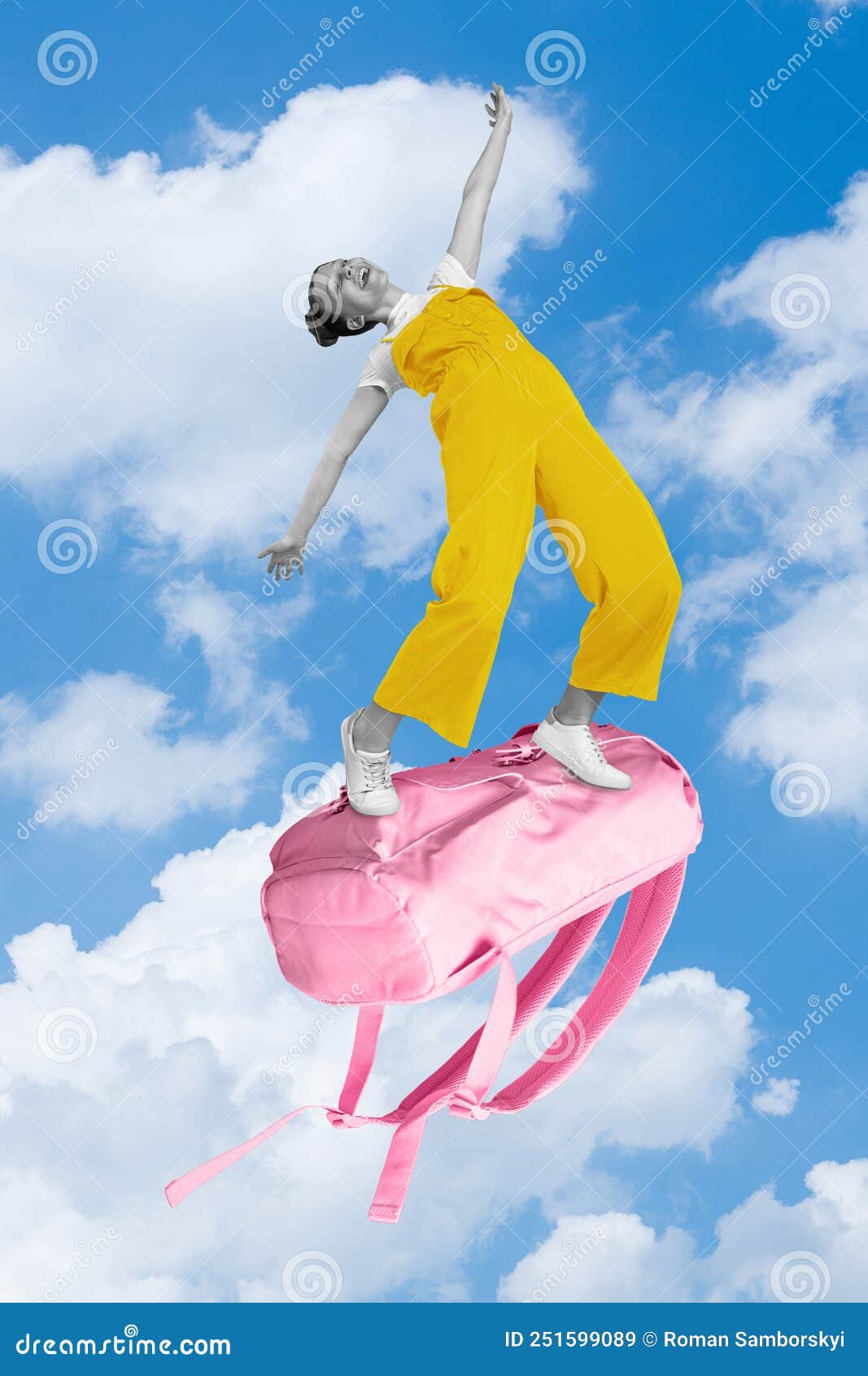 Artwork Magazine Picture of Funny Funky Small Kid Flying Clouds Huge  Backpack Isolated Drawing Background Stock Image - Image of discount,  child: 251599089