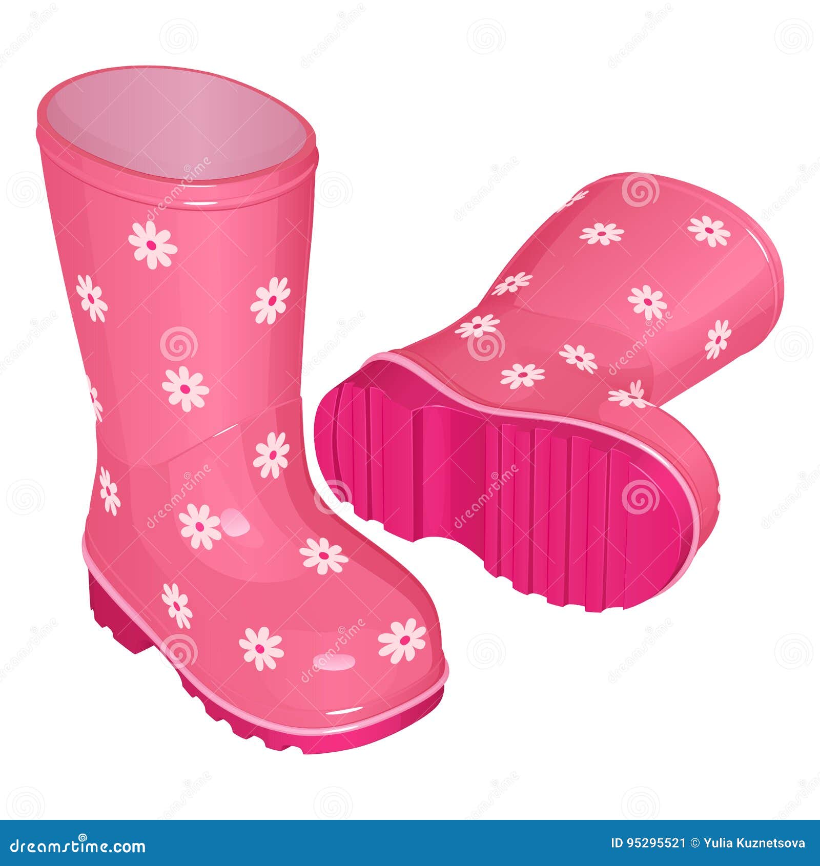 As Botas De Borracha Cor-de-rosa Do ` S Das Crianças Para Uma Menina, Com Um Teste Padrão Das Flores Brancas, Em Uma Sola Ondulad Ilustração do Vetor - Ilustração de botas, teste: