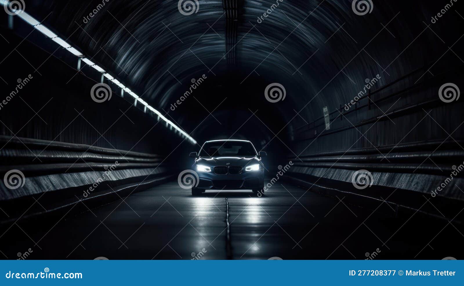 A Car Drives through a Tunnel the Headlights Illuminating the Darkness