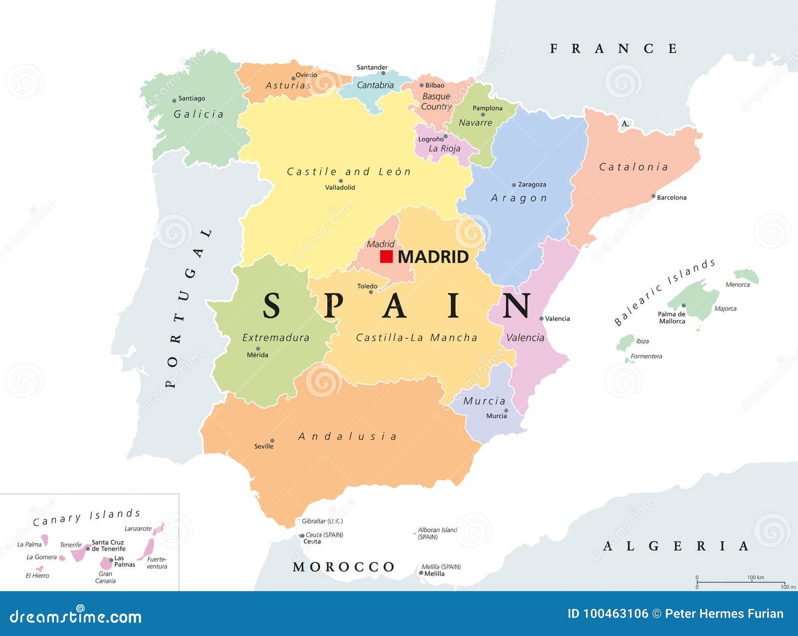 Mapa da Espanha e Portugal mostrando as divisões políticas no país