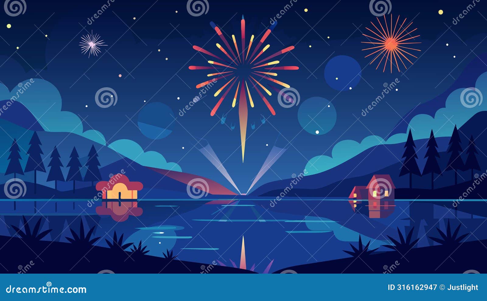 as the darkness of the night is lit by the radiant fireworks the serene lake serves as a peaceful oasis with its calm