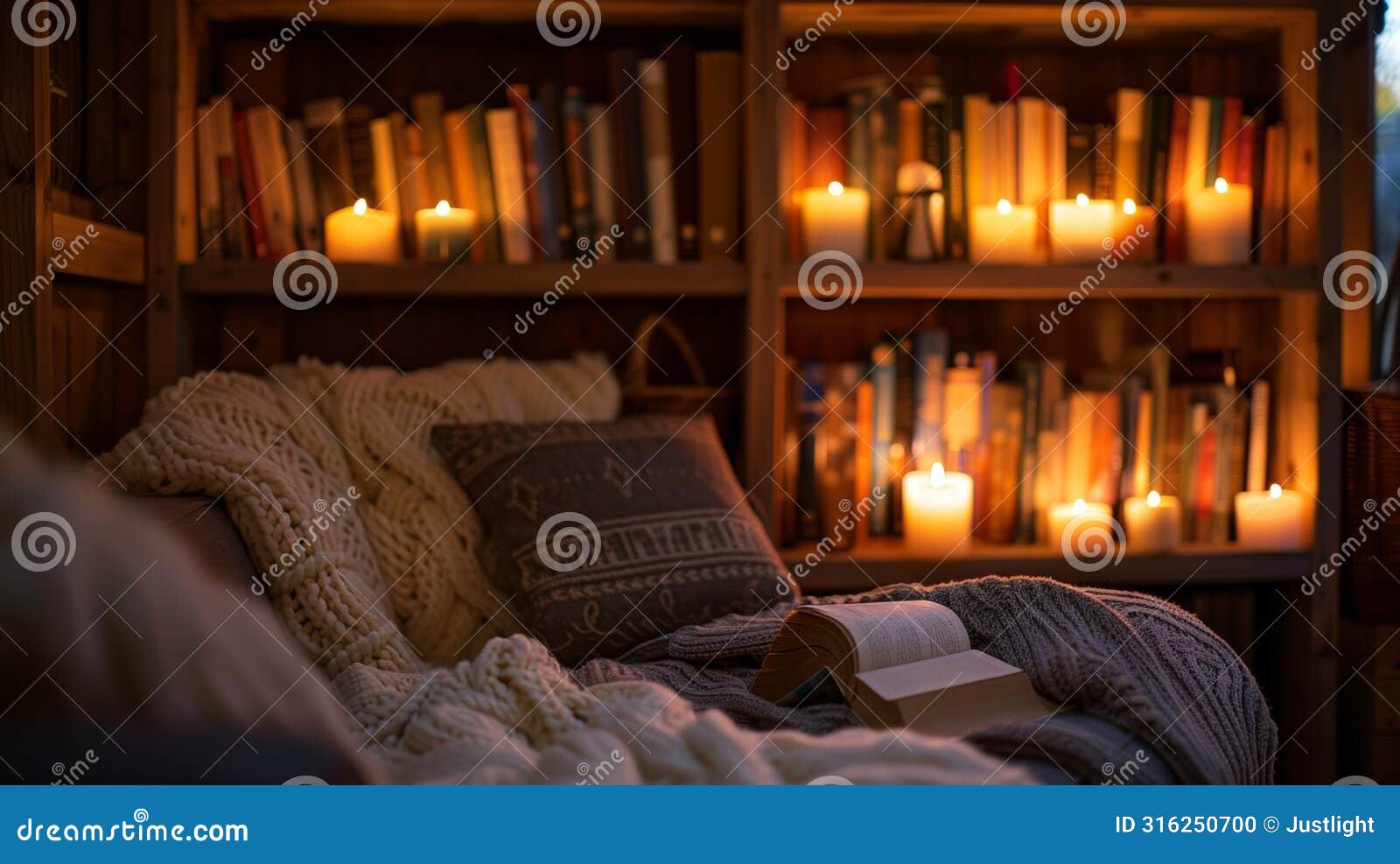 as night falls the reading nook becomes a peaceful retreat with the soft glimmer of candles providing a sense of comfort
