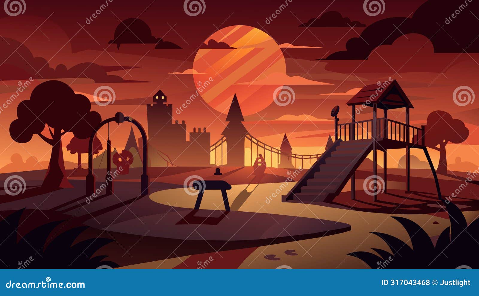 as the sun sets the playground becomes a haunting scene with exaggerated shadows lengthening and intertwining creating a