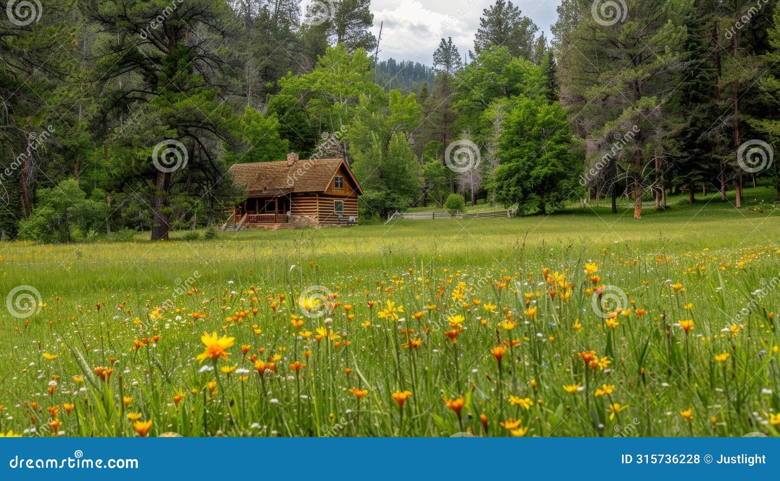 as you step out of your cabin you are greeted by a sprawling green meadow dotted with vibrant wildflowers. the cool dewy