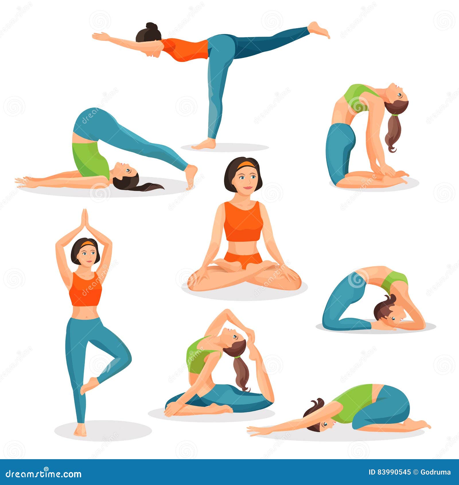 Asana Yoga Collection of Girls Doing Sport in Oriental Poses Stock