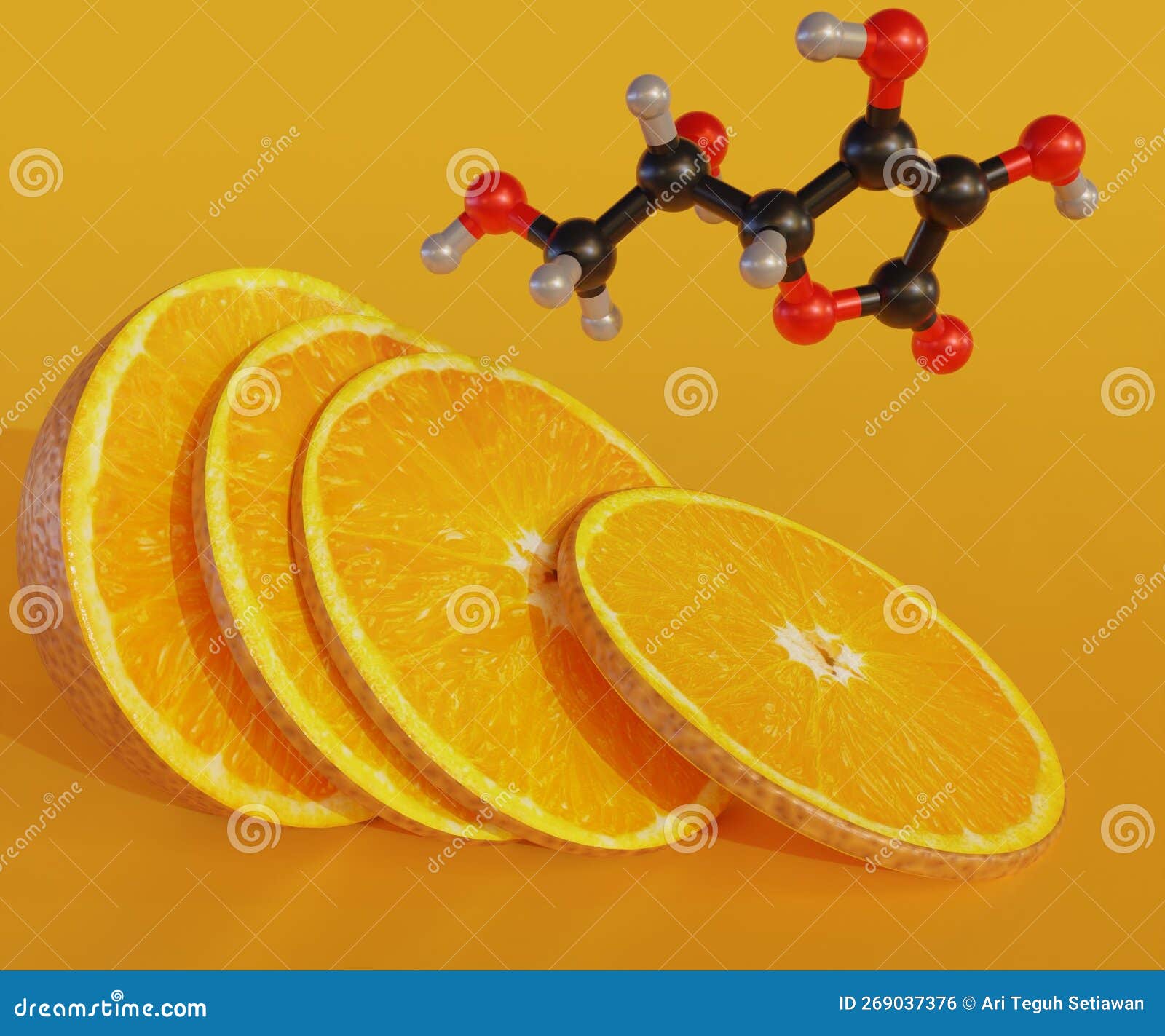 Ascorbic Acid or Vitamin C Molecule with Cut Half Orange Fruit Stock