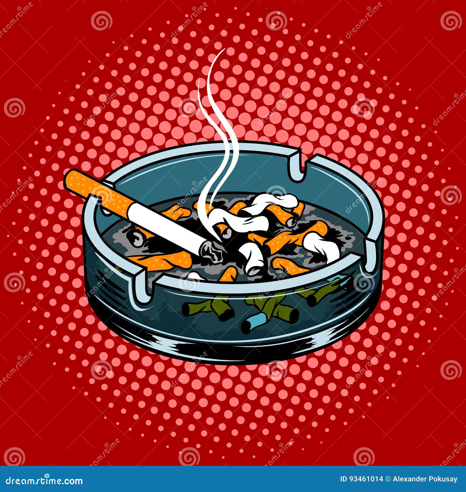 ashtray with cigarette butts pop art style 