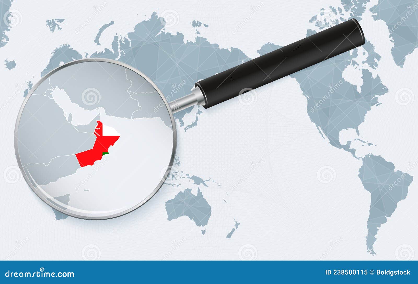 asia centered world map with magnified glass on oman. focus on map of oman on pacific-centric world map