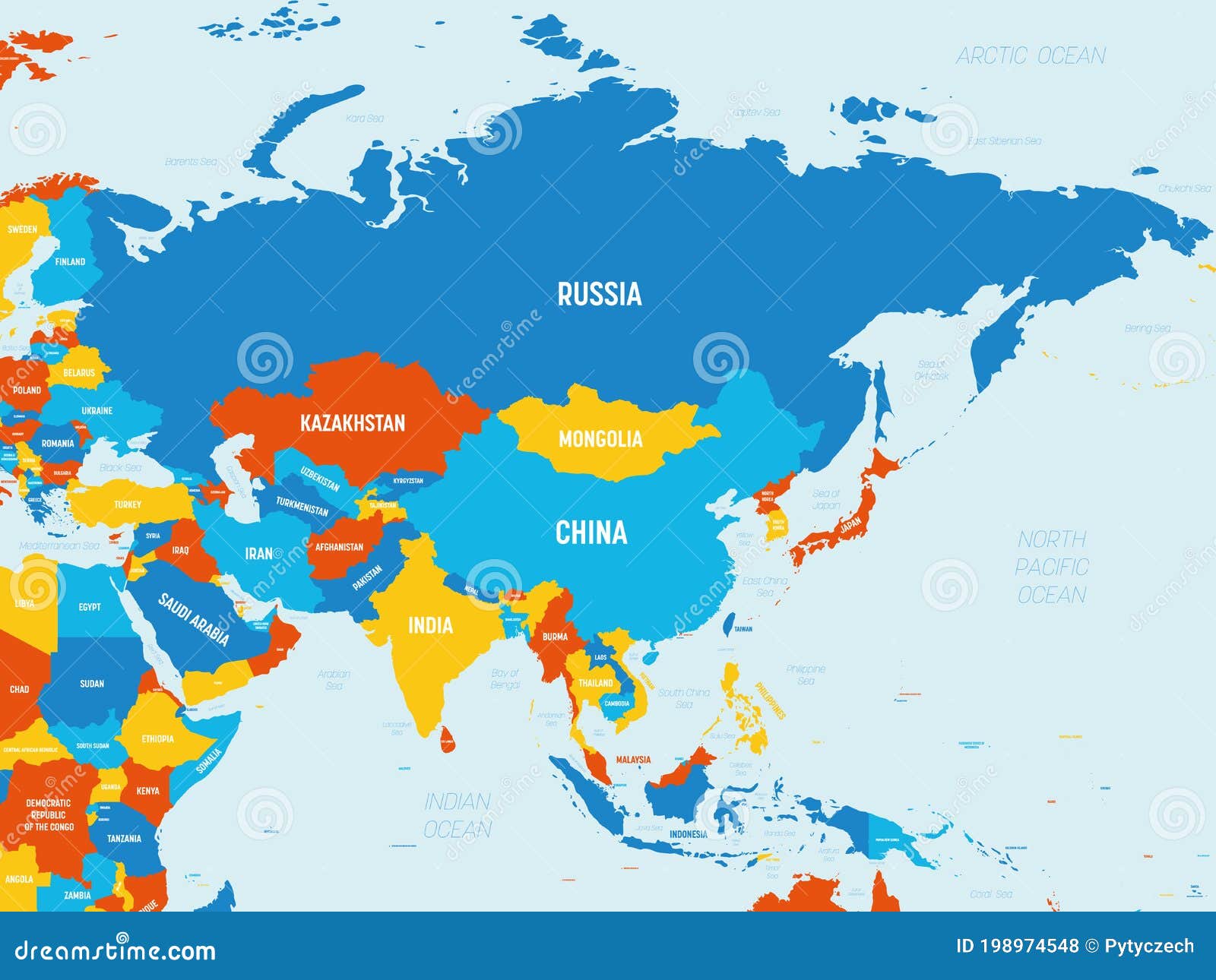 Asia 4 Colores Brillantes Mapa Politico Detallado Del Continente Asiatico Con Etiquetas De Nombres De Paises Oceanos Y Mares Ilustracion Del Vector Ilustracion De Mapa Paises