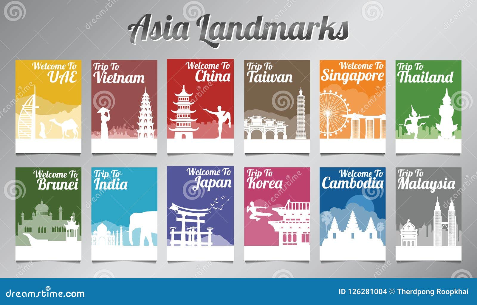 asia famous landmark in silhouette  with multi color style