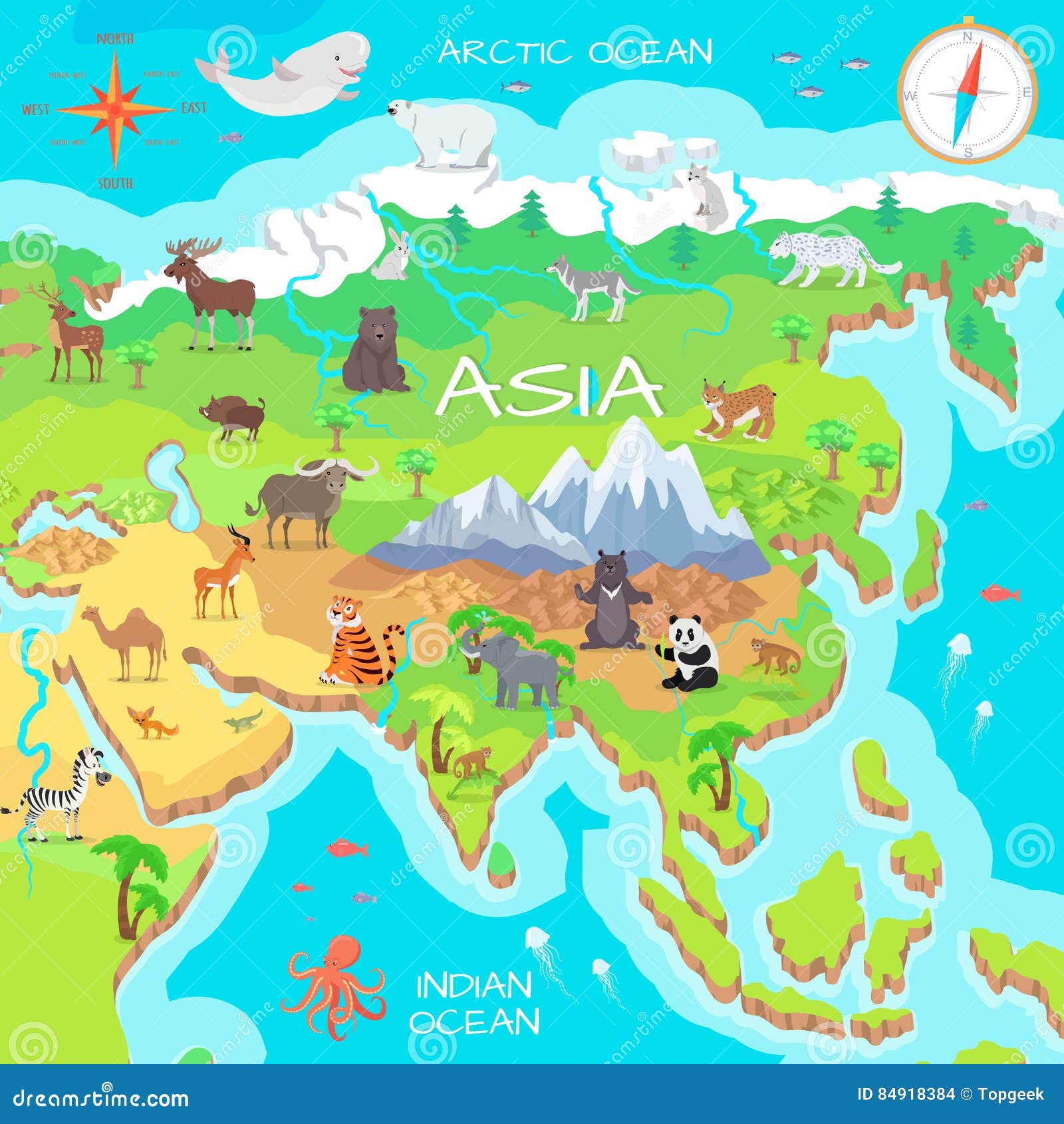 Asia Mainland Cartoon Map Fauna Species Cute Asian Animals Flat Vector Northern Predators Mountain Jungle Wildlife 84918384 