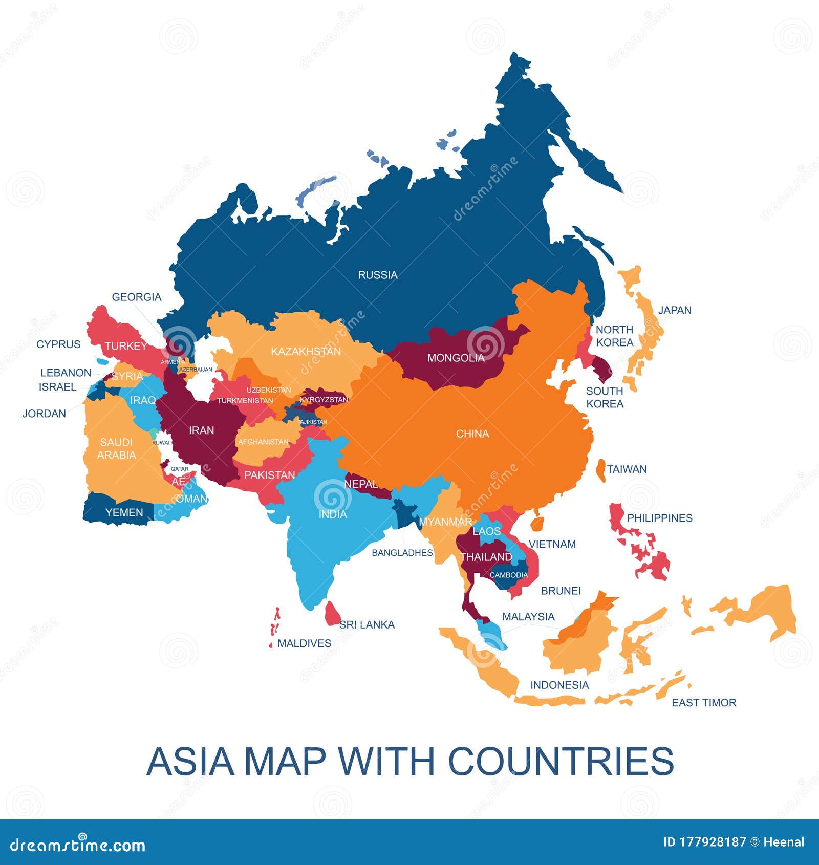 Vector Illustration Design of Continent Asia Map with Countries Name