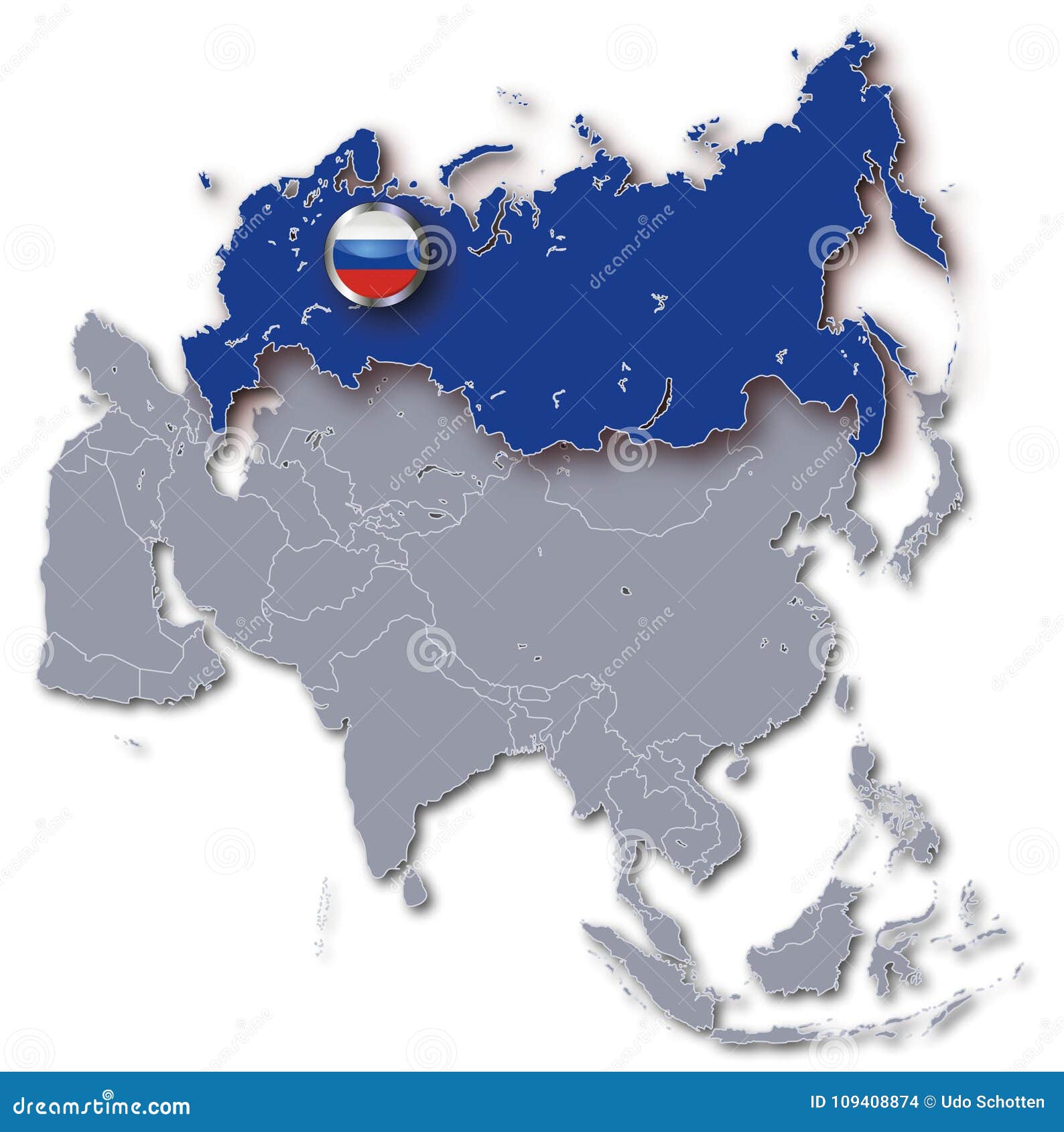 Asia with selected Russia map and Russia flag icon., Stock vector