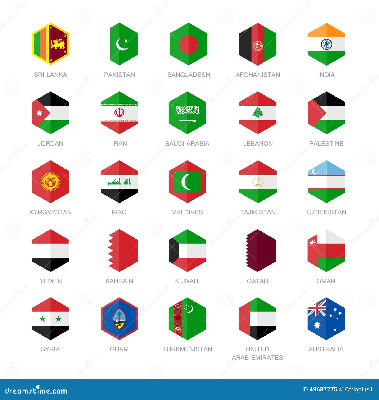 Asia Middle East And South Asia Flag Icons Hexagon Flat Design Stock