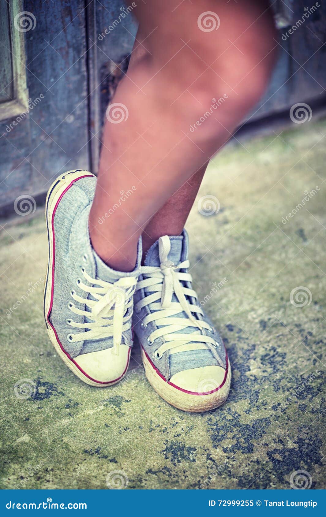 Asia Women in Shoe Standing Against Wood Wall Stock Image - Image of ...