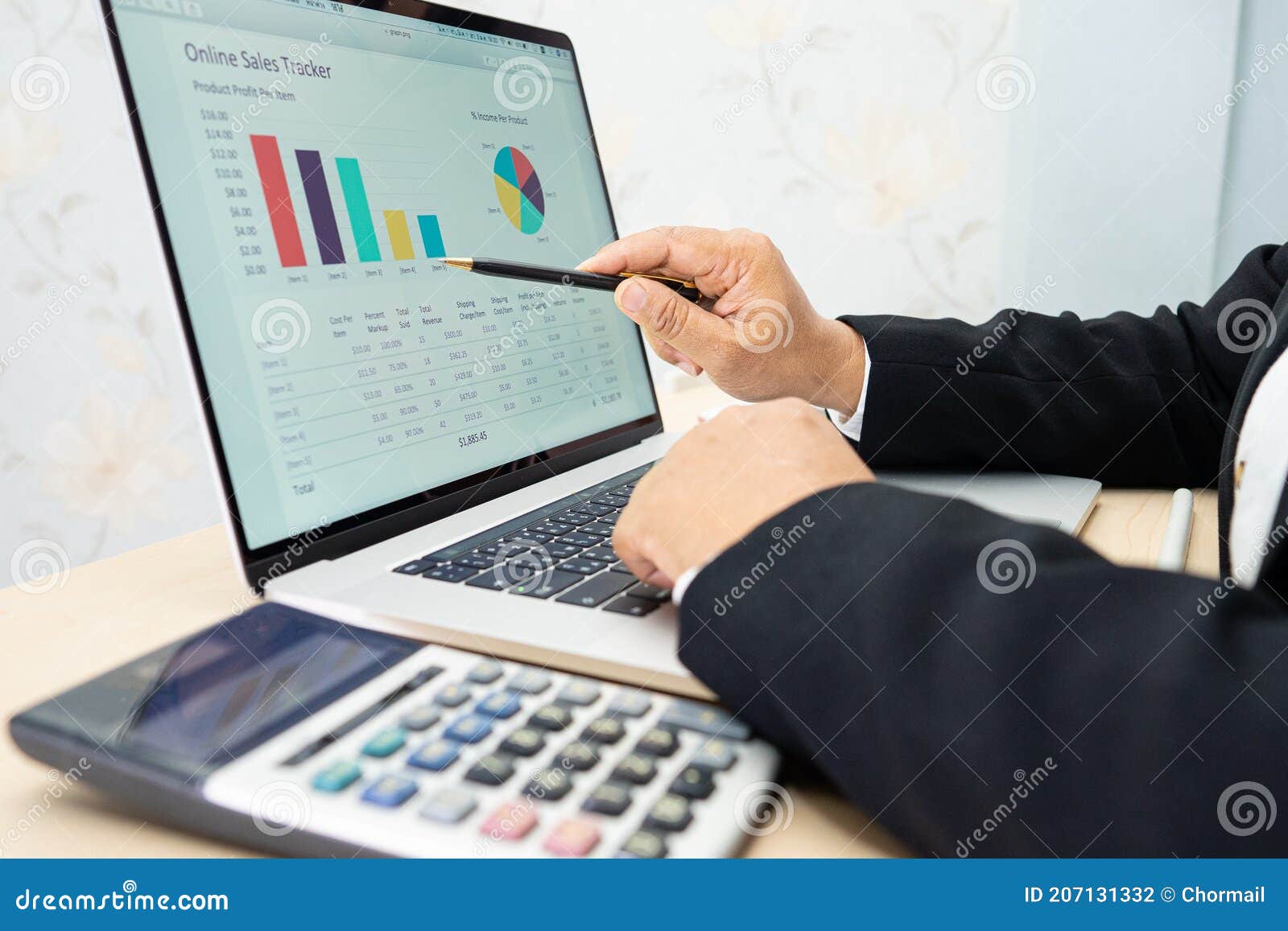Asian Accountant Type Keyboard To Enter Information, Working, Calculate