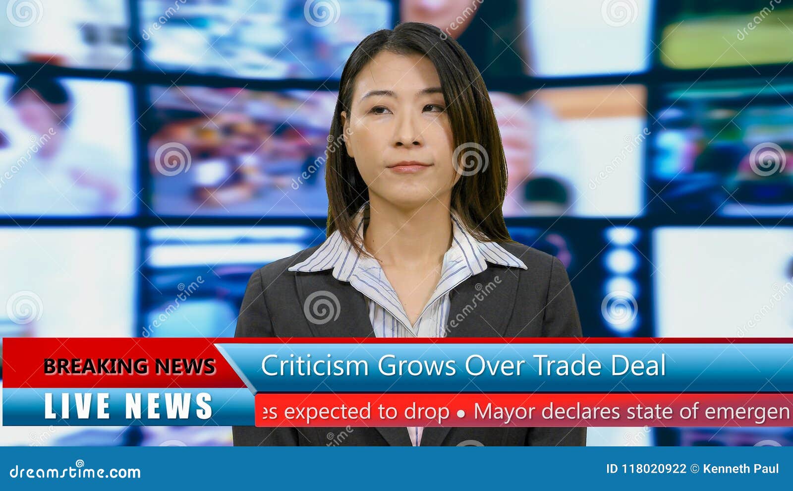 asian american anchorwoman with lower thirds
