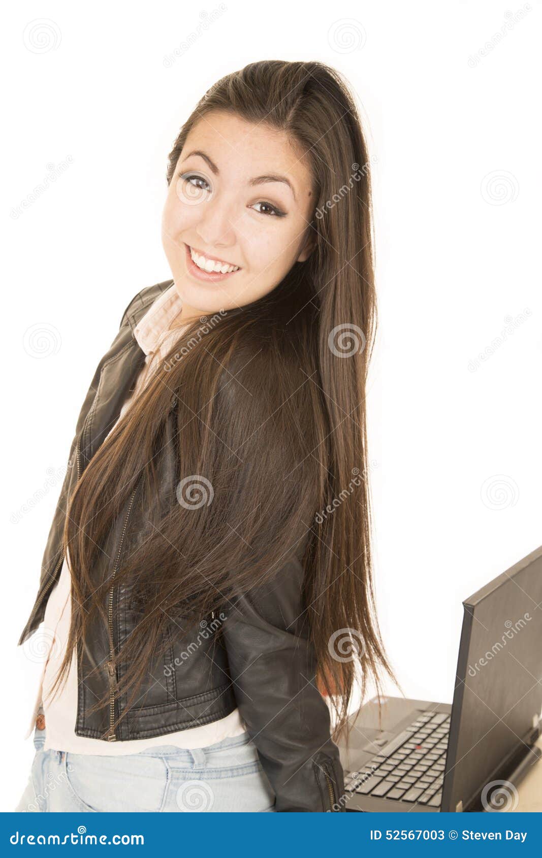 Asian American Teen Girl Posing By Her Computer Stoc