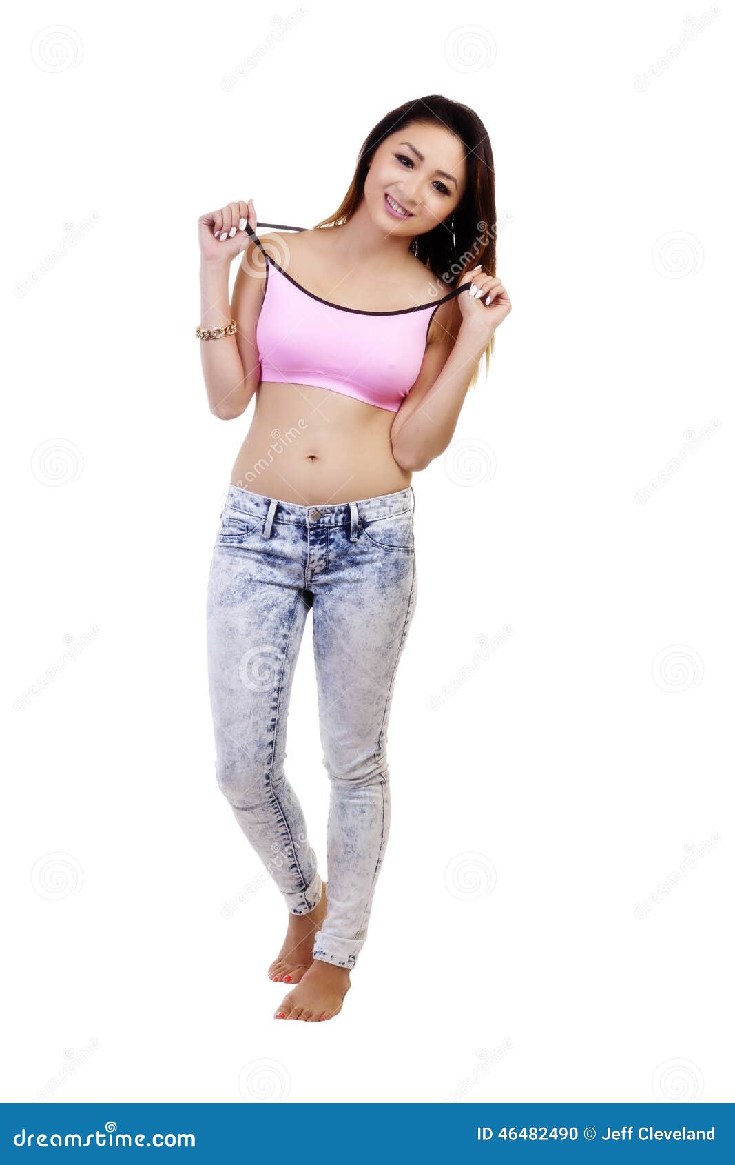 Asian American Woman Jeans Pink Sports Bra Stock Photo - Image of