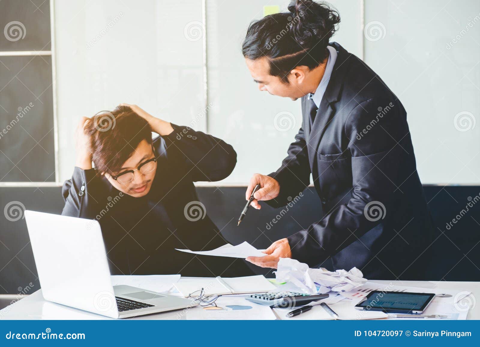 asian bad angry boss yelling at business man sad depressed employee reprimand from team leader missed deadline concept