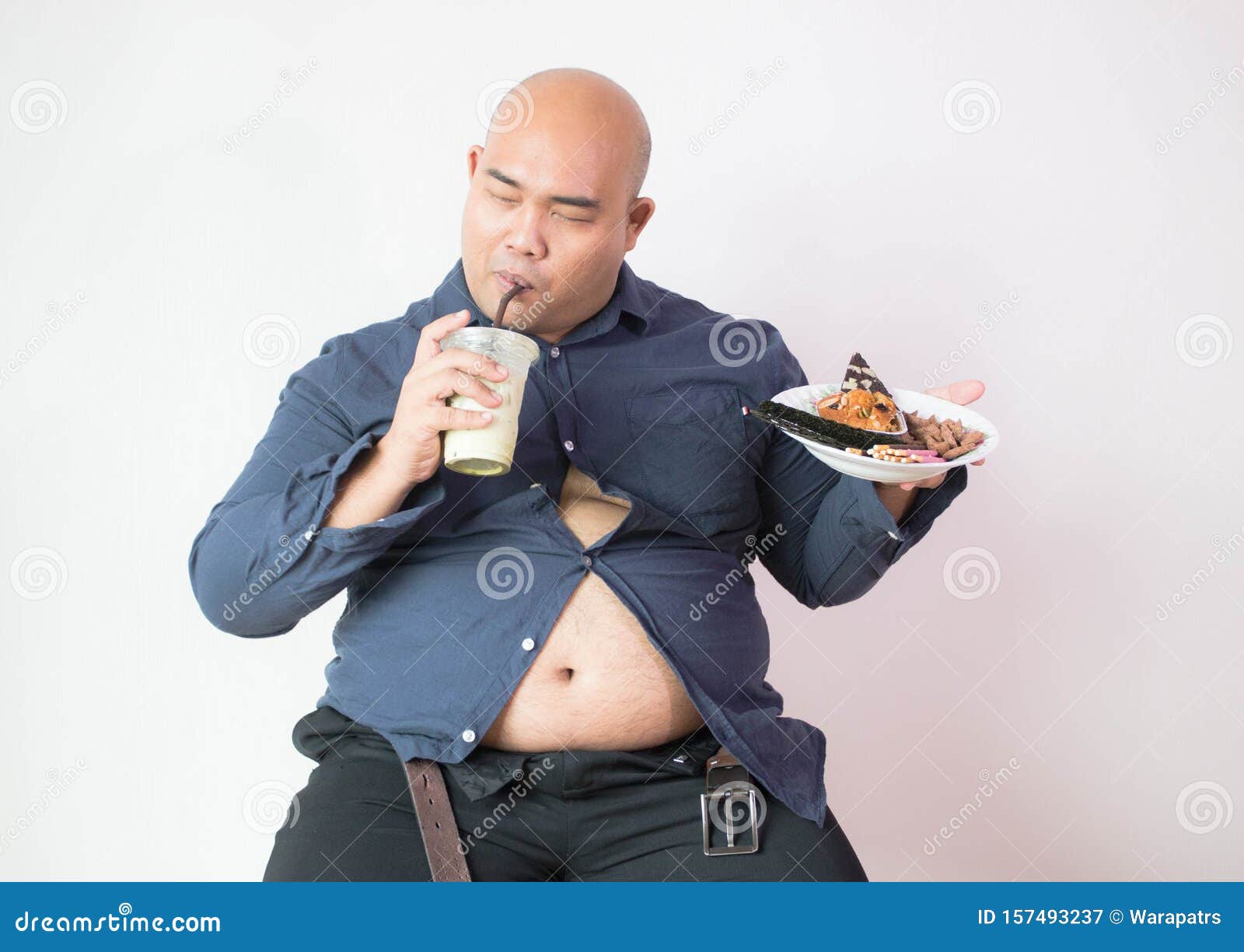 Asian Bald Fat Man With Big Belly Happy In Food Royalty-Free Stock ...