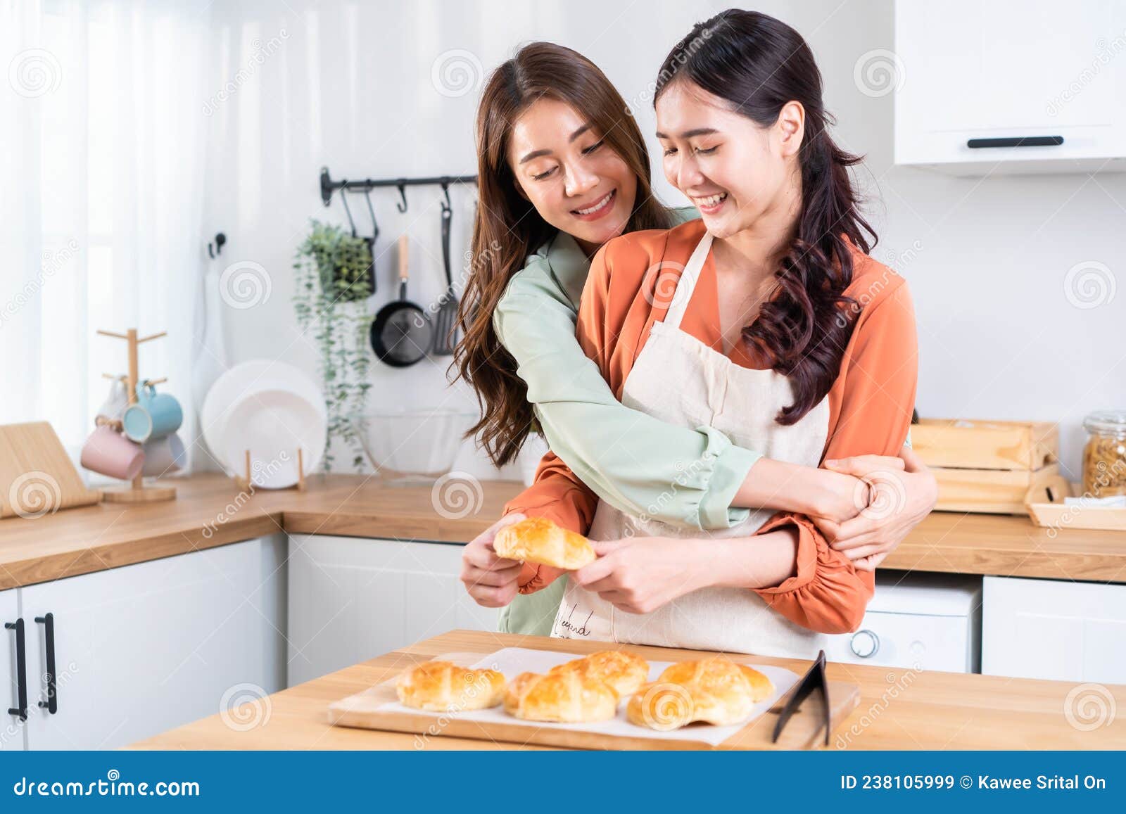 Asian Beautiful Lesbian Woman Couple Look At Girlfriend Bake Croissant Attractive Two Female